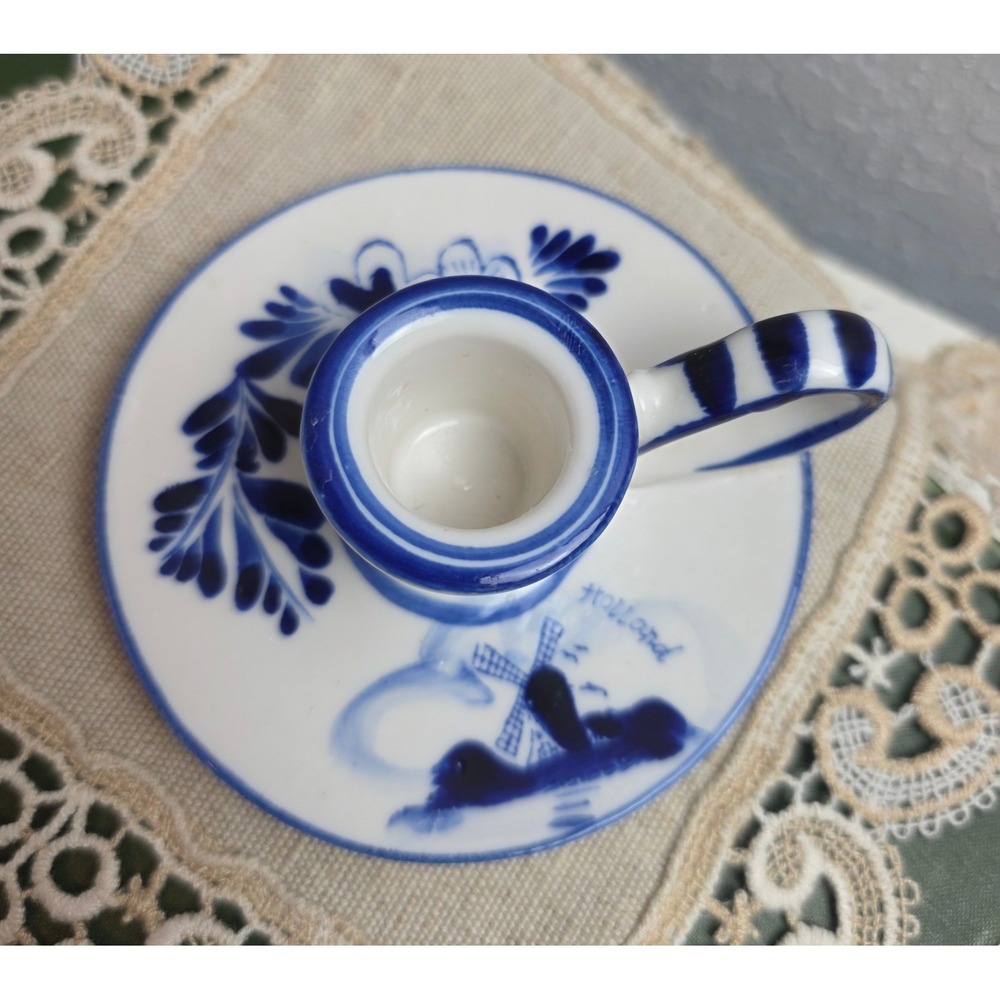 Delft Blue Hand Painted Ceramic Chamberstick Candle Holder Windmill Holland - Picture 3 of 7